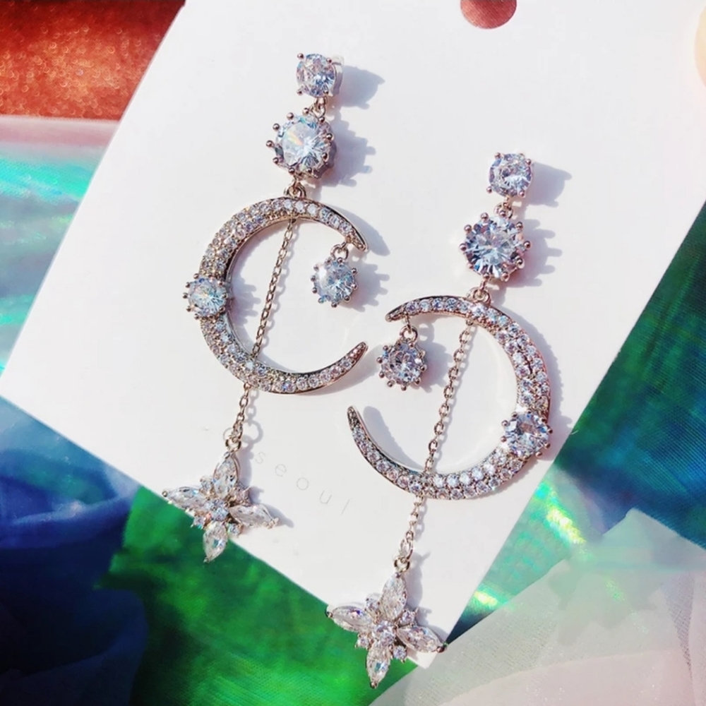 Fashion Korean Elegant Rhinestone Moon Drop Earrings For Women Crystal Flower
